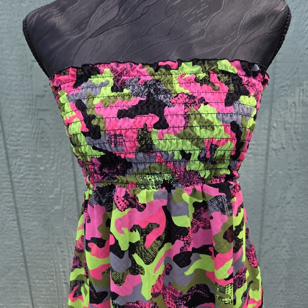 Y2K Smocked Babydoll Mini Tube Dress Jrs Med Rave Neon Reversible Festival